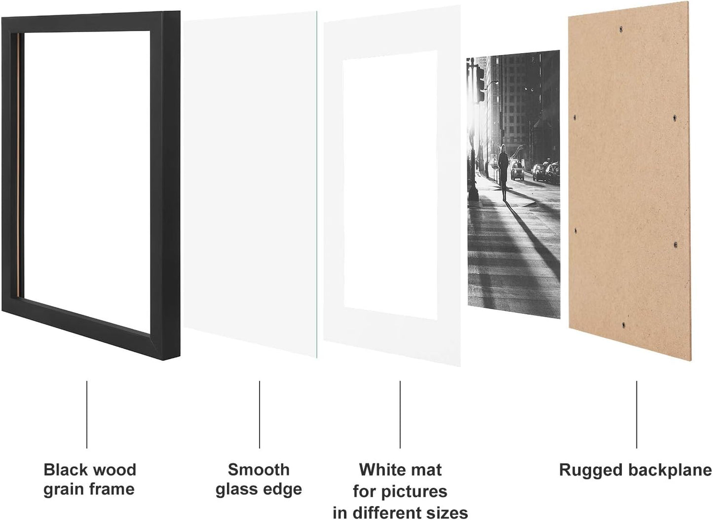 Picture Frames with 7 Mats, Set of 7 Collage Photo Frames, One 11X14, Two 8X10, Four 6X8 Frames, Hanging or Table Display, Glass, Black URPF37BK