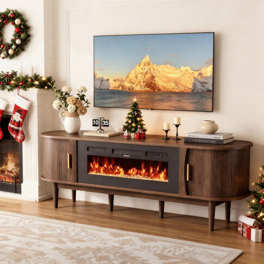 70″ Fluted Fireplace TV Stand for 80″ Tvs, Remote & Touch Control Adjustable Flame Colors & Temperature, Entertainment Center with Storage, Modern Media TV Console Table for Living Room(Walnut)