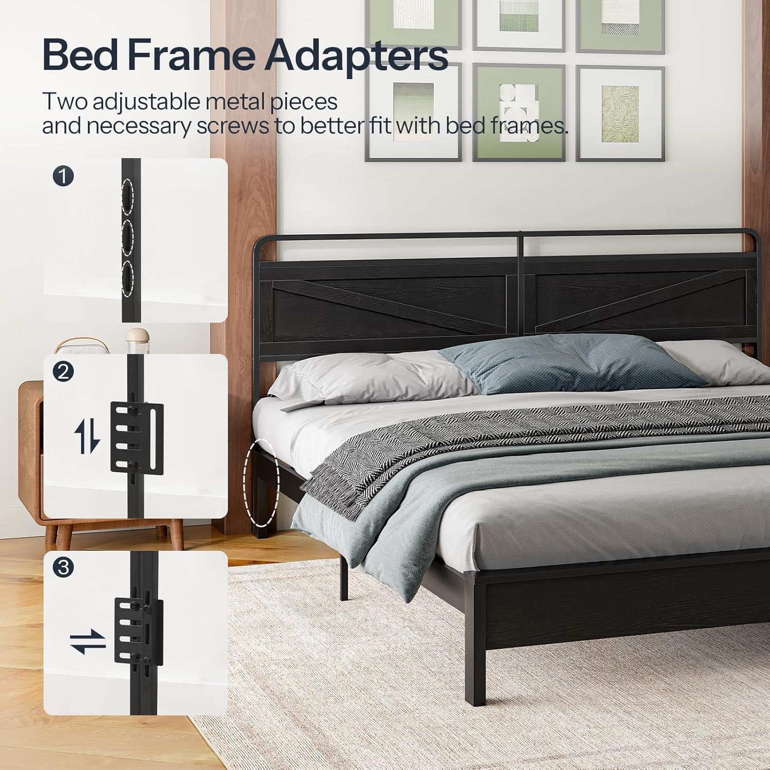 Wooden Panel Headboard, King Headboard, Minimalist Head Board with Metal Frame, Height Adjustable, with Bed Frame Adapter, Black
