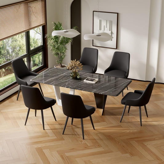 Modern Dining Chairs Set of 6, Spacious Comfortable Dining Room Chairs, Faux Leather Upholstered Dining Chairs with Thick Cushion for Dining Room, Black
