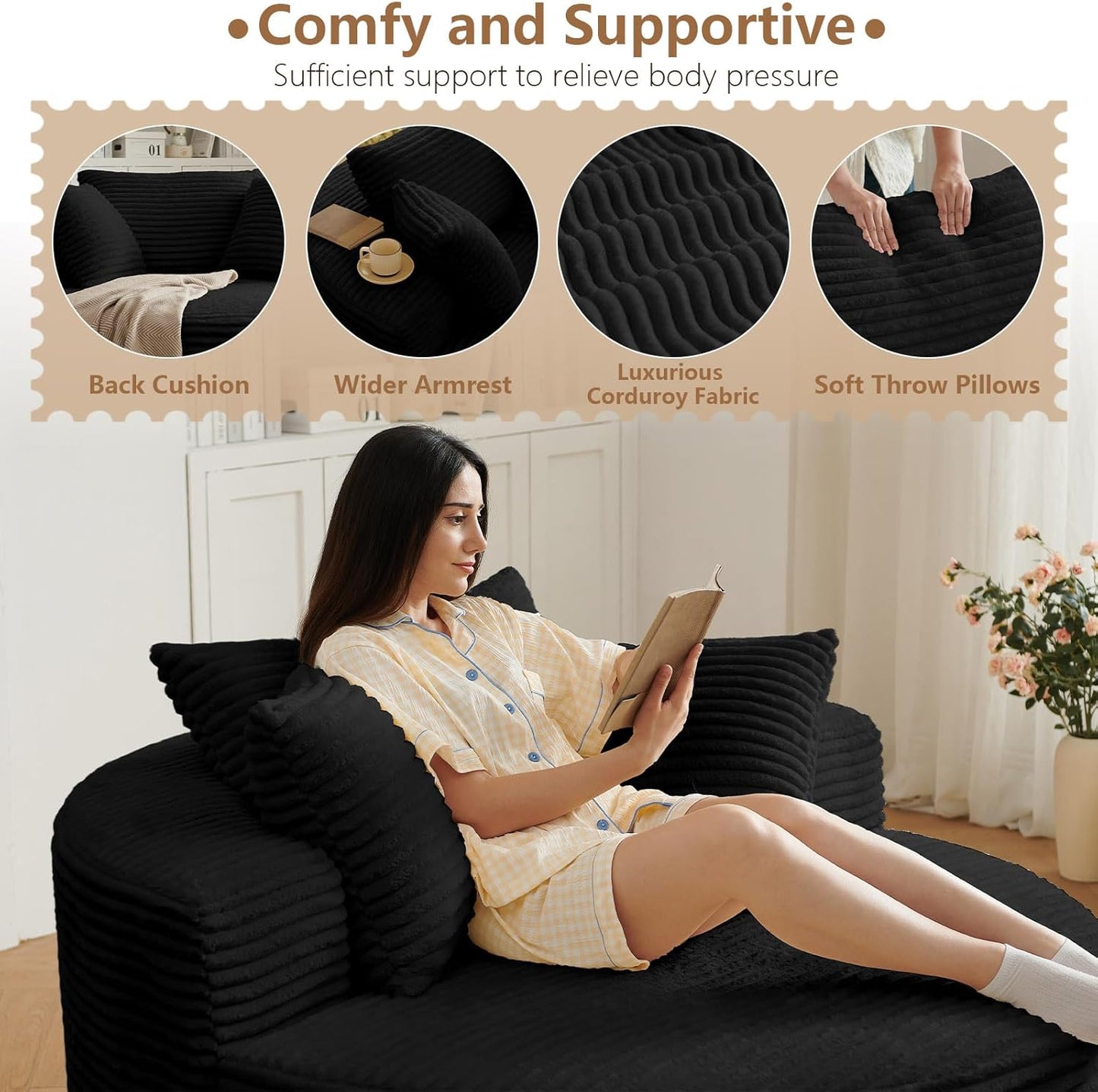 Oversized round Chair Lounge Chaise Indoor, Upholstered Corduroy Deep Seat Cloud Large Circle Sofa Chair, No Assembly Required, Fluffy Modern Sleeper Sofa Bed for Reading, Living Room, Bedroom, Black