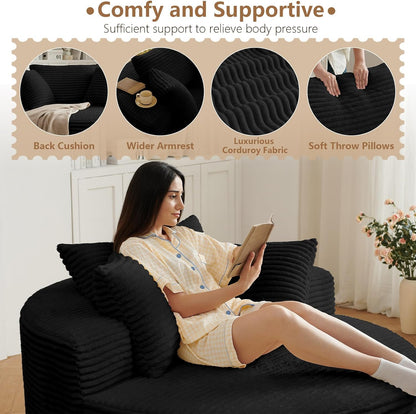Oversized round Chair Lounge Chaise Indoor, Upholstered Corduroy Deep Seat Cloud Large Circle Sofa Chair, No Assembly Required, Fluffy Modern Sleeper Sofa Bed for Reading, Living Room, Bedroom, Black