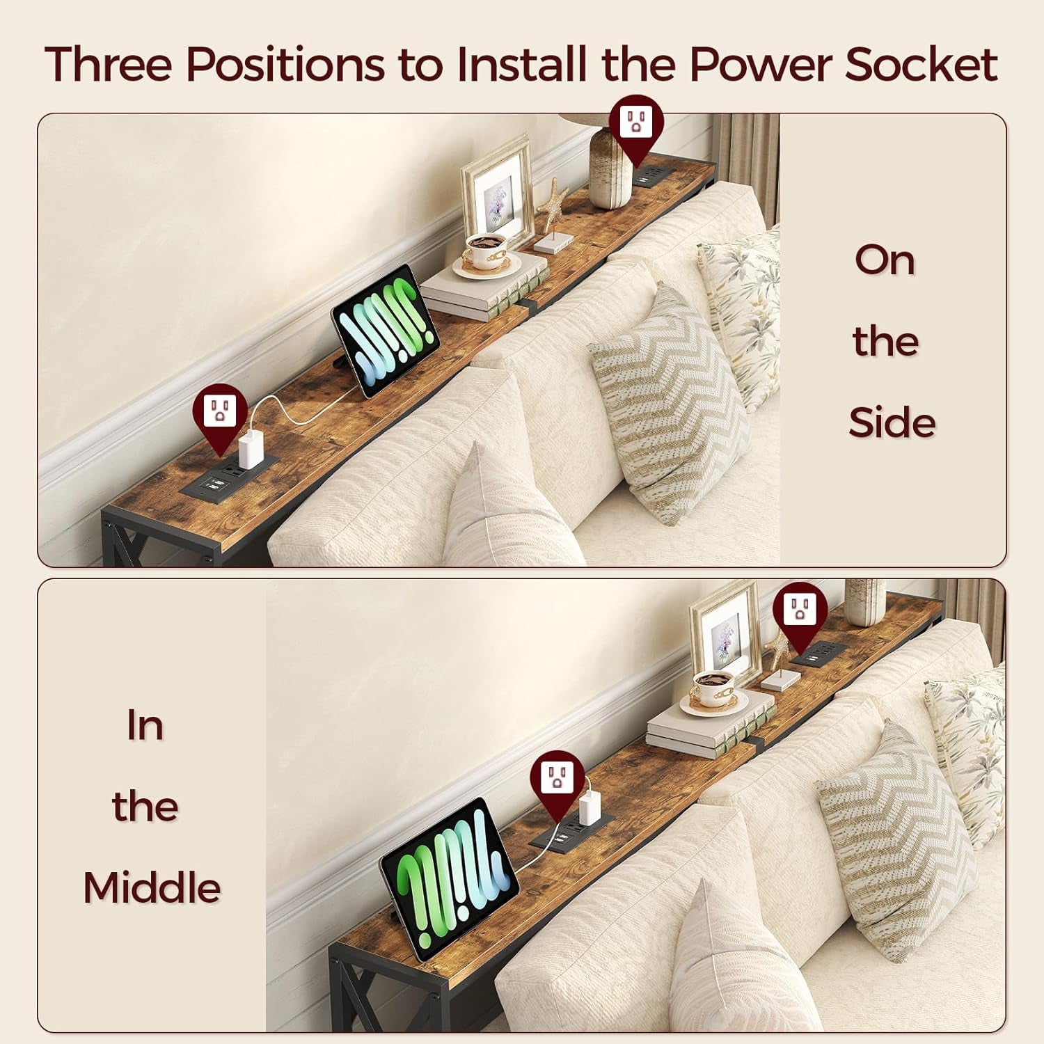 70.8'' Narrow Sofa Table with Charging Station, 2 Pack Skinny Console Table, Long Entryway Hallway Couch Table with Power Outlets, Rustic Brown CTHR152E01S2