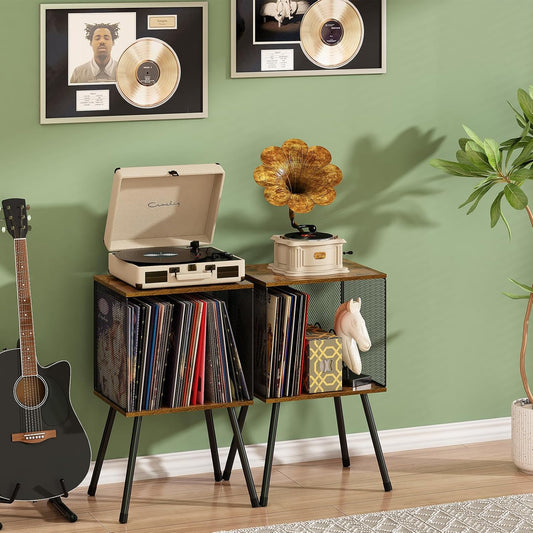 Record Player Stand with Storage up to 100 Albums, Retro Small Vinyl Record Holder - Adjustable Divider, Book/Lp Record Storage and Organizer Vinyl Table for Living Room, Bedroom
