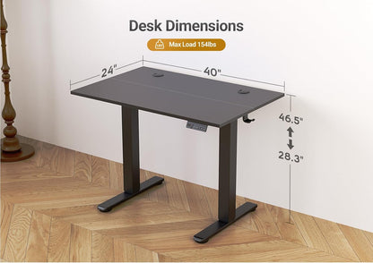 Electric Standing Desk Adjustable Height, 40 X 24 Inch Sit Stand Desk with T-Shaped Frame, 3 Memory Presets & Cable Management for Home Office Computer Workstation, Black Frame/Black Top