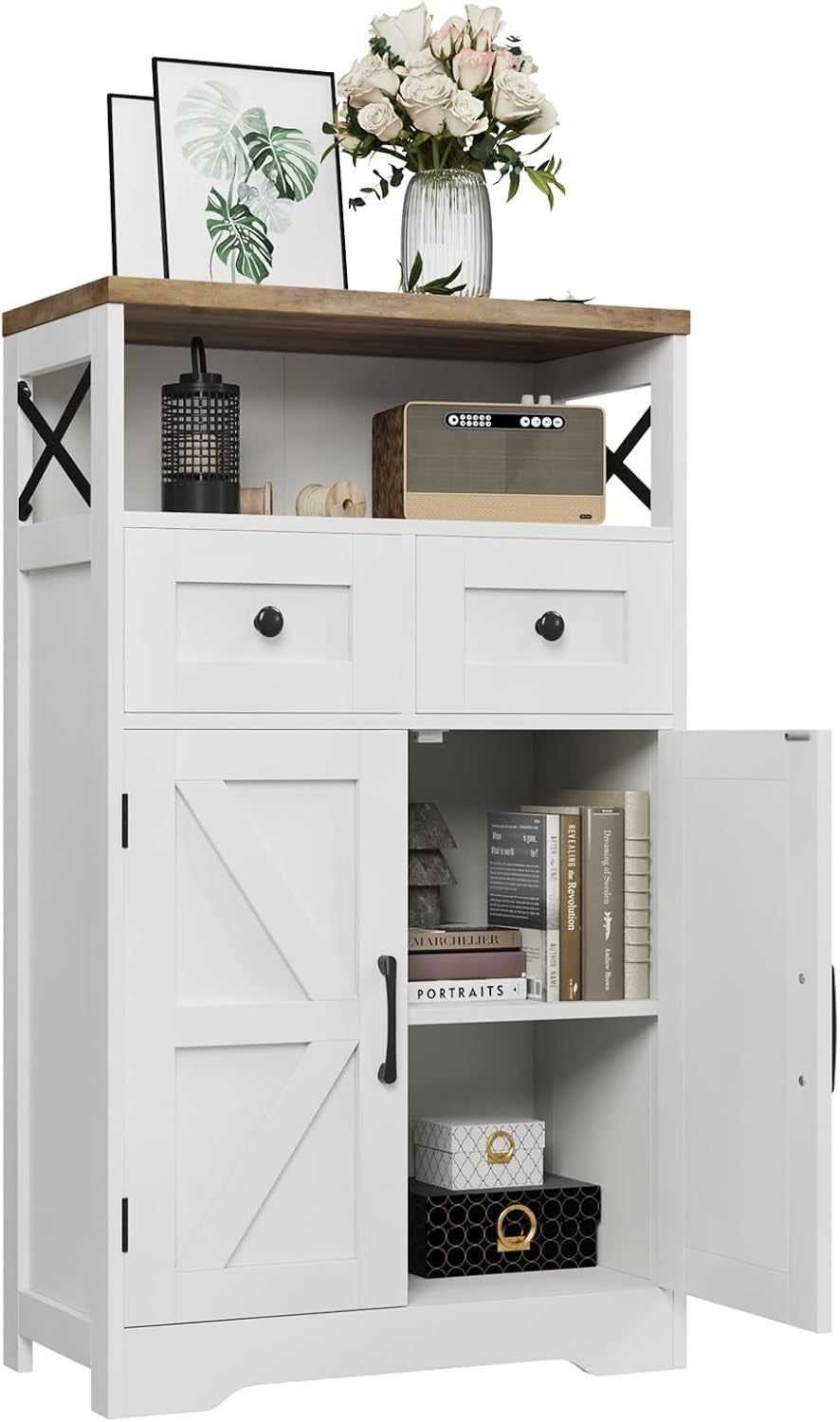 Farmhouse White Storage Cabinet with Doors and Drawers, Freestanding Kitchen Pantry Cabinet, Floor Storage Cabinet Hutch Cupboard for Kitchen, Living Dining Room, Bathroom
