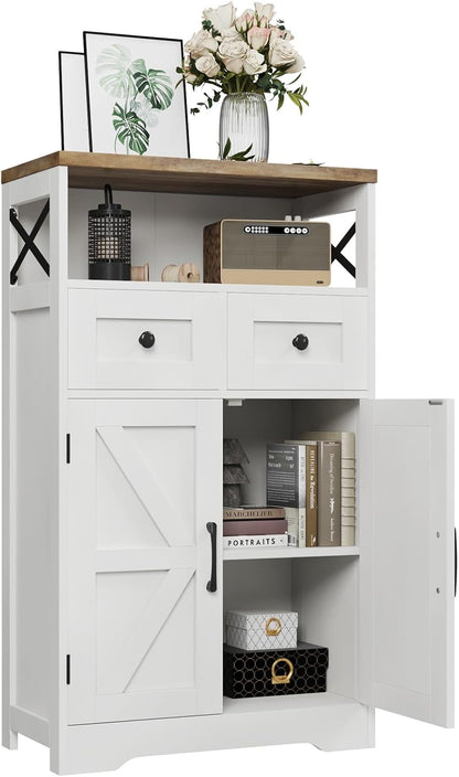 Farmhouse White Storage Cabinet with Doors and Drawers, Freestanding Kitchen Pantry Cabinet, Floor Storage Cabinet Hutch Cupboard for Kitchen, Living Dining Room, Bathroom