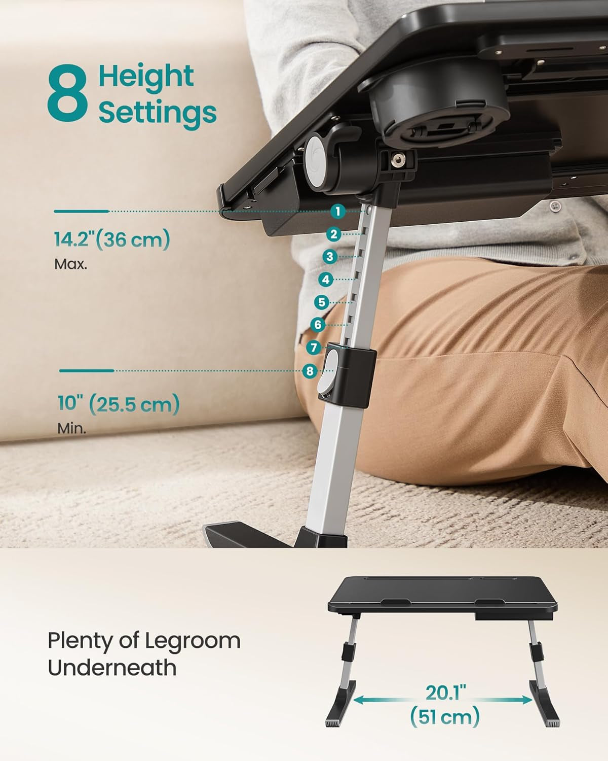 Bed Laptop Desk, Foldable Bed Desk for Laptop, 15.7 X 22 Inches Large Desktop, 120° Stepless Tilt, Adjustable Height, Cup Holder, Tray, Portable Bed Sofa Table, Ink Black ULLD113BC01
