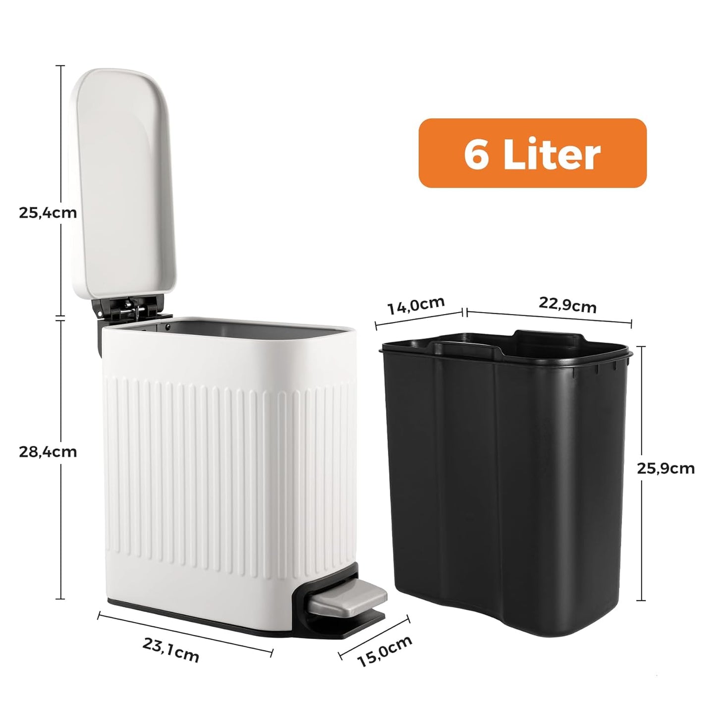 Small Bathroom Trash Can with Lid, 1.6 Gallon Stainless Steel Slim Garbage Can with Foot Pedal, Slim Wastebasket for Bathroom, Office, White