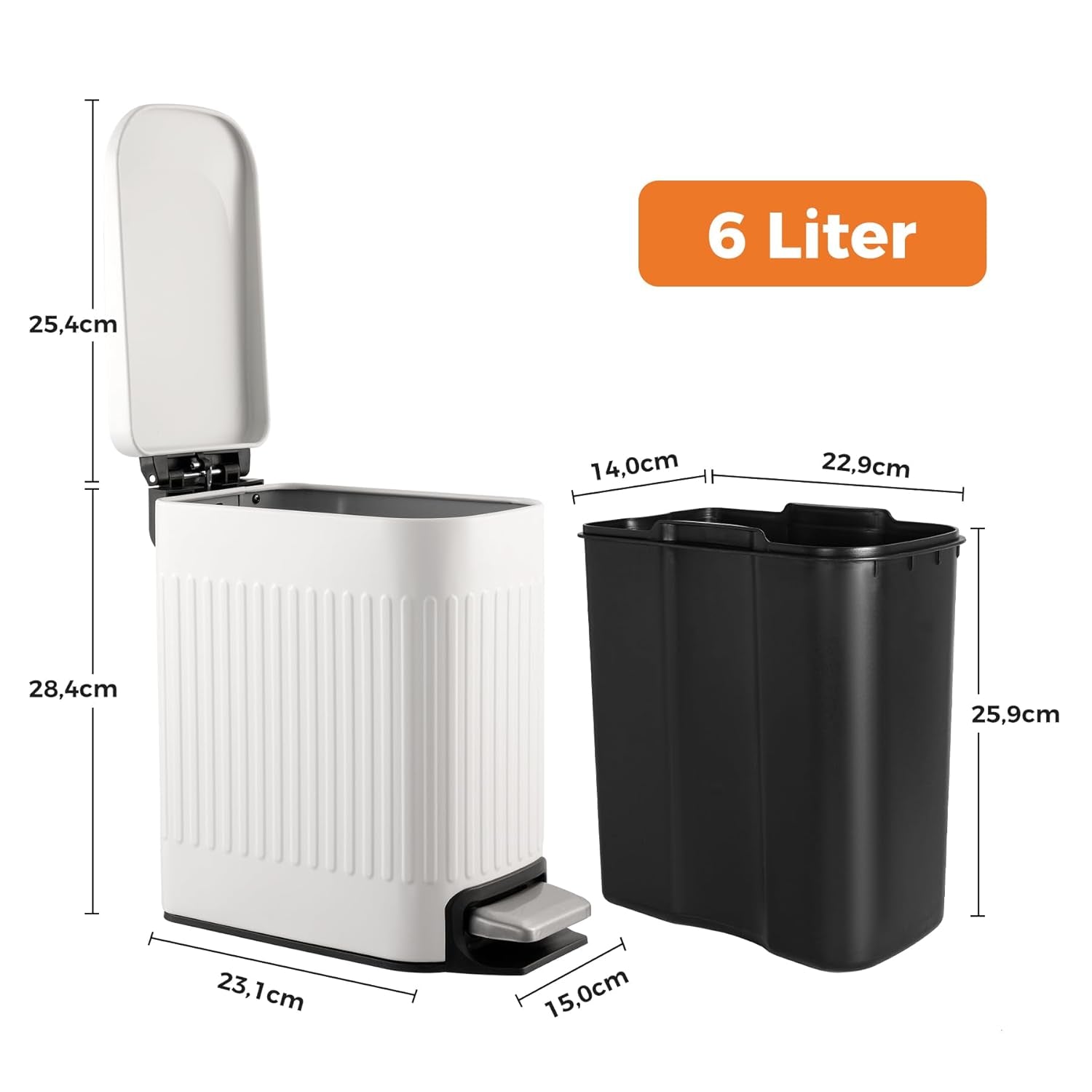 Small Bathroom Trash Can with Lid, 1.6 Gallon Stainless Steel Slim Garbage Can with Foot Pedal, Slim Wastebasket for Bathroom, Office, White