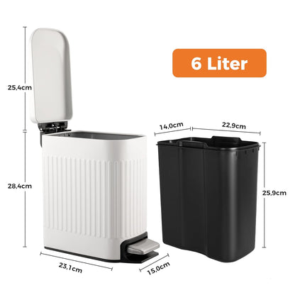 Small Bathroom Trash Can with Lid, 1.6 Gallon Stainless Steel Slim Garbage Can with Foot Pedal, Slim Wastebasket for Bathroom, Office, White