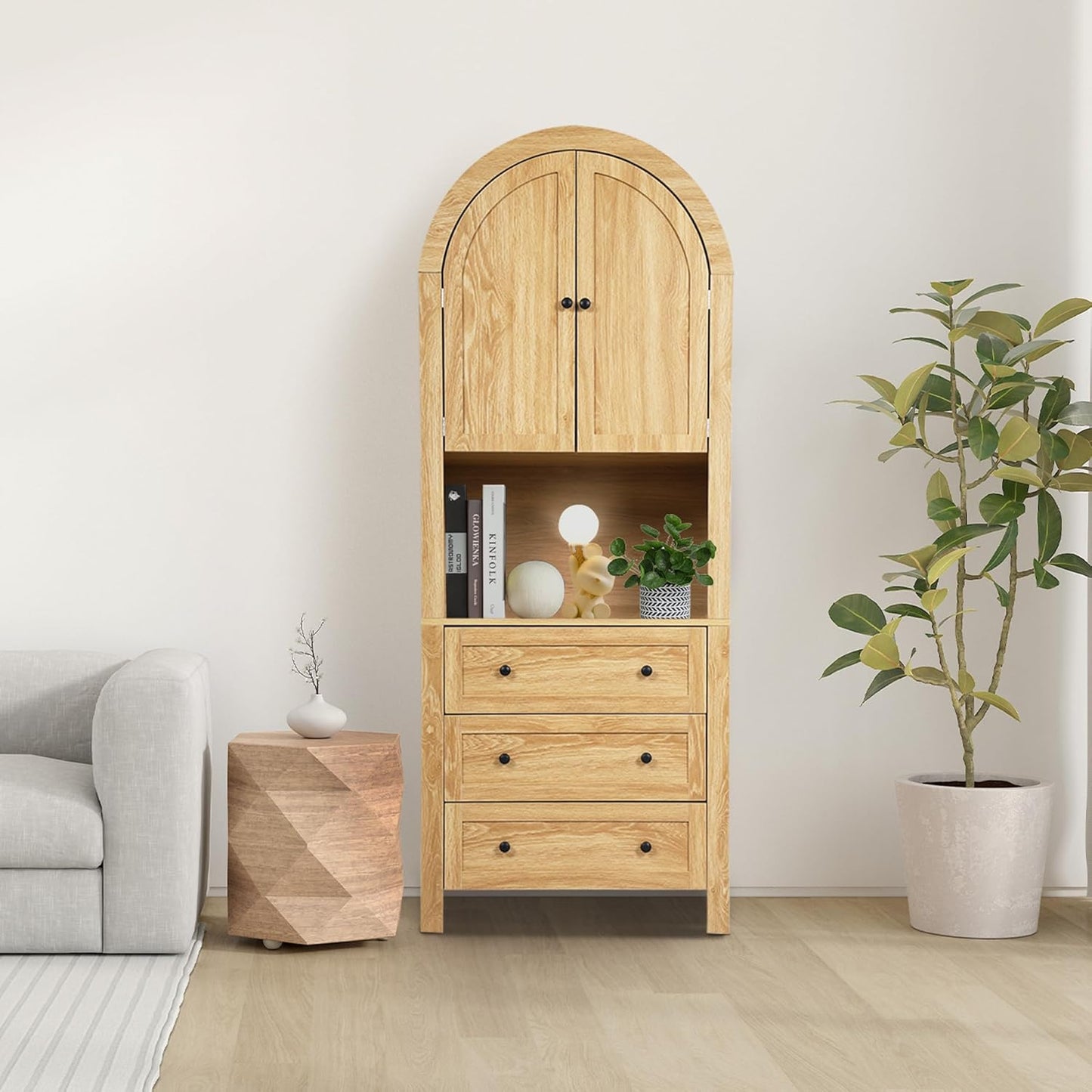 71” Tall Arched Storage Cabinet with Drawer,Farmhouse Arched Bookcase with Door,Freestanding Arch Tall Pantry with Countertop for Kitchen Living Room (Natrual, 71Inch)