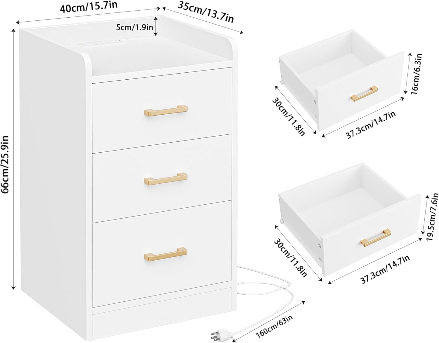 Nightstands Set of 2 with Charging Station, 3 Drawer Nightstand with Gold Handles, White Nightstand for Bedroom, Modern Design End Side Table for Home, Office