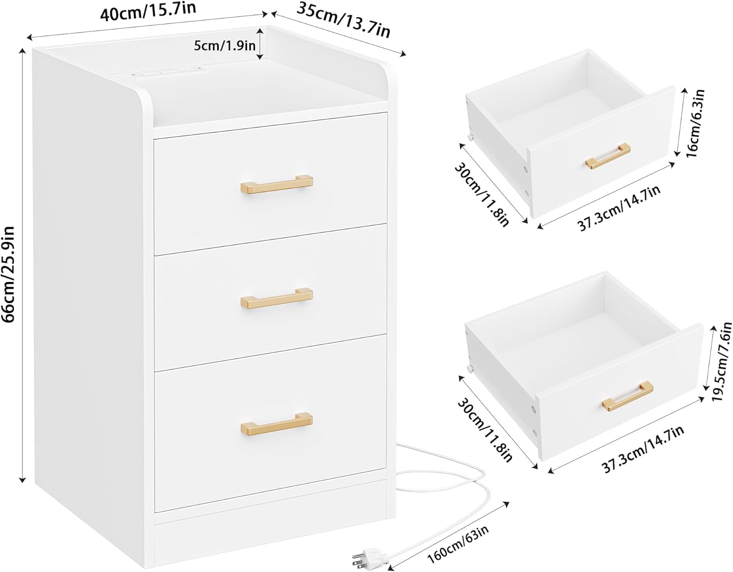Nightstands Set of 2 with Charging Station, 3 Drawer Nightstand with Gold Handles, White Nightstand for Bedroom, Modern Design End Side Table for Home, Office
