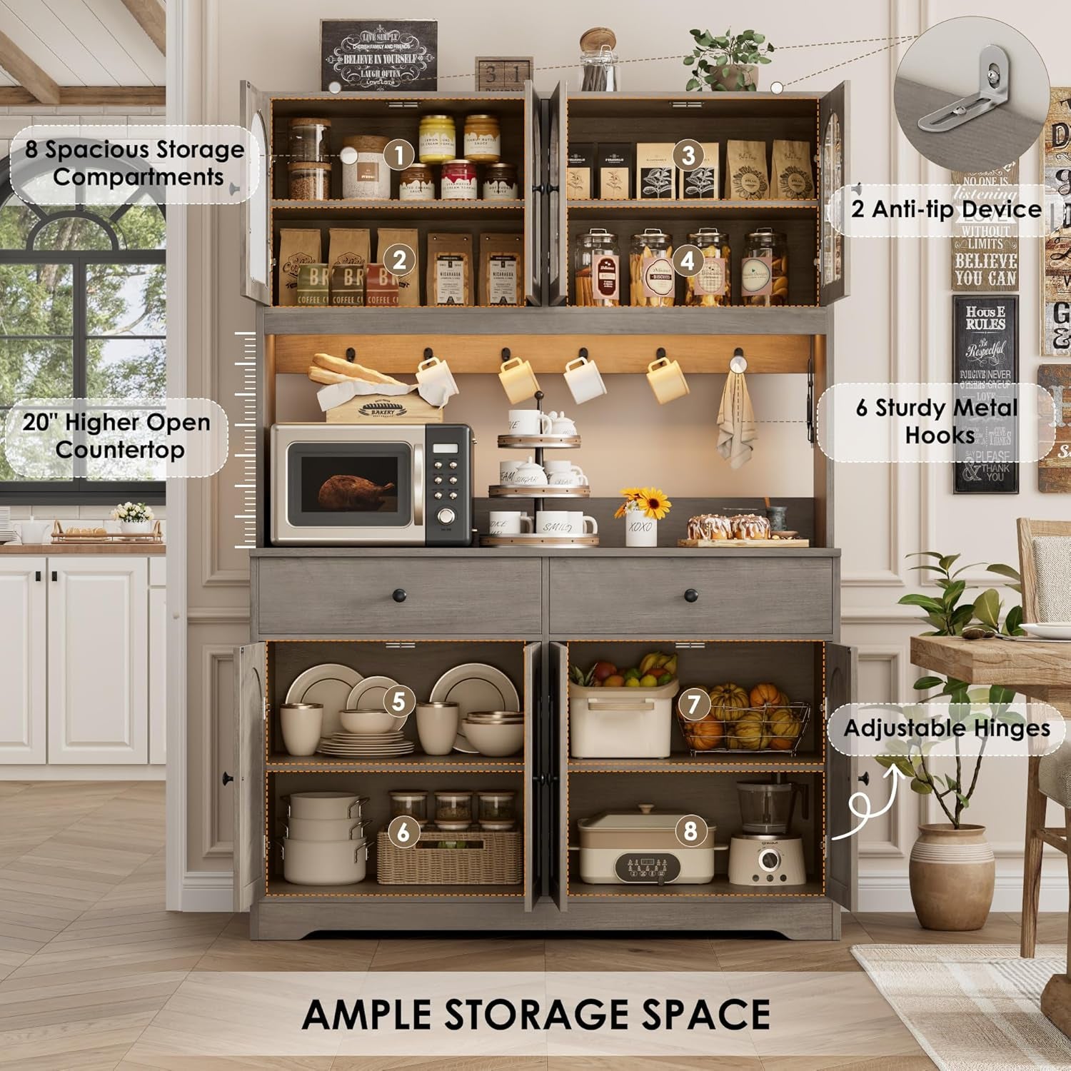 71" LED Kitchen Pantry Cabinet with Power Outlet, Large Kitchen Hutch Storage Cabinet with Arched Door, Shelves, 2 Drawer, Tall Farmhouse Coffee Bar W/Hutch for Home Dining Living Room, Ash Grey