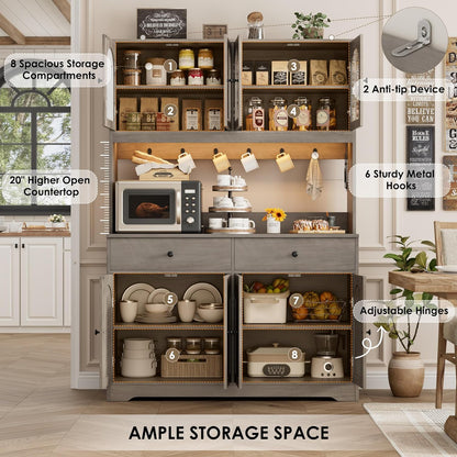 71" LED Kitchen Pantry Cabinet with Power Outlet, Large Kitchen Hutch Storage Cabinet with Arched Door, Shelves, 2 Drawer, Tall Farmhouse Coffee Bar W/Hutch for Home Dining Living Room, Ash Grey