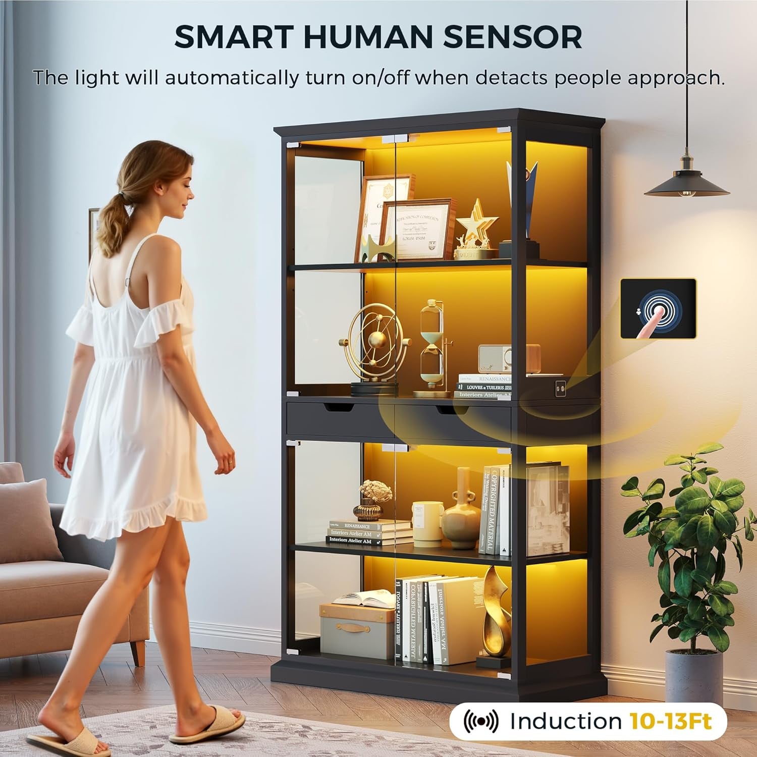 Display Cabinet with Glass Doors, 68'' Tall Curio Cabinet with RGB Lights for Collectibles, 4-Tier Glass Display Case with Human Body Sensor & 2 Drawers for Living/Game Room, Black