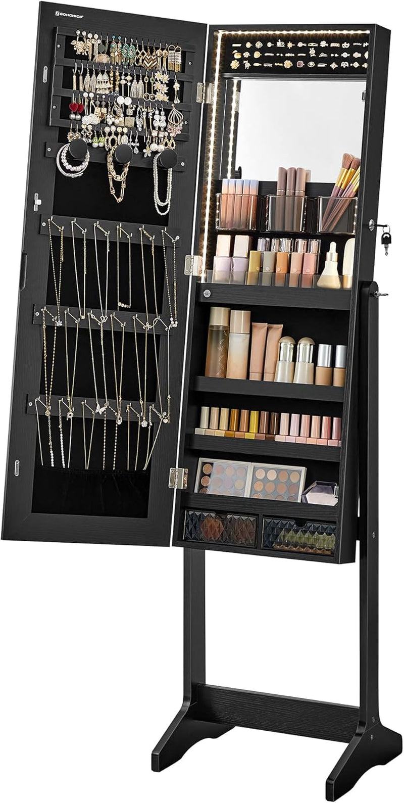 Mirror Jewelry Cabinet Standing Armoire Organizer, Jewelry Storage with Full-Length Frameless LED Lights, Built-In Makeup Mirror, 2 Drawers, Lockable, Black UJJC023B01