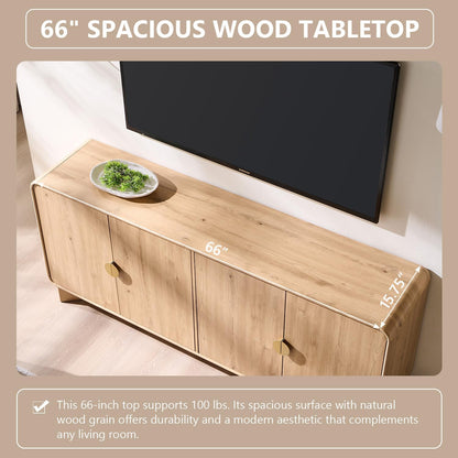 70" Modern TV Stand for Tvs up to 80 Inches, 30" Tall Entertainment Center with Storage and Adjustable Shelves, TV Console with Curved Profile Design, Media Console for Living Room, Natural Oak