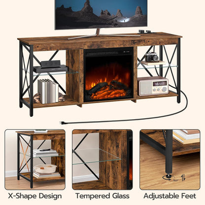 Fireplace TV Stand with Charging Station and LED Lights, TV Stand with Fireplace for Tvs up to 65", Entertainment Center with Fireplace, Glass Shelves, Rustic Brown and Black BF140UDDS01