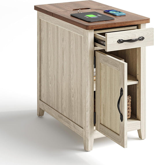 Farmhouse End Table with Charging Station, Narrow Side Table for Living Room, Sofa Side Table with Drawer and Storage Cabinet, Small Nightstand for Home Office