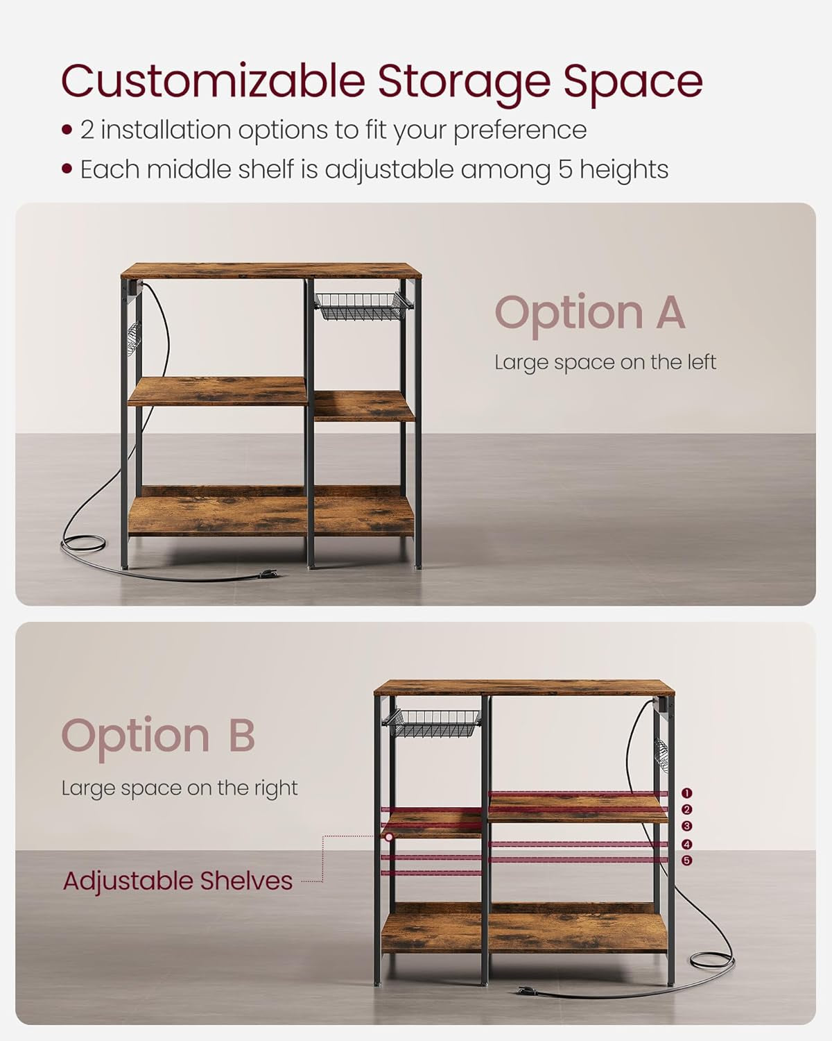 Baker'S Rack, Coffee Bar Stand with Charging Station, Storage Shelves, Pull-Out Wire Basket, Table for Microwave, Kitchen, Rustic Brown UKKS036K01, 15.7 X 35.4 X 35.6 Inches
