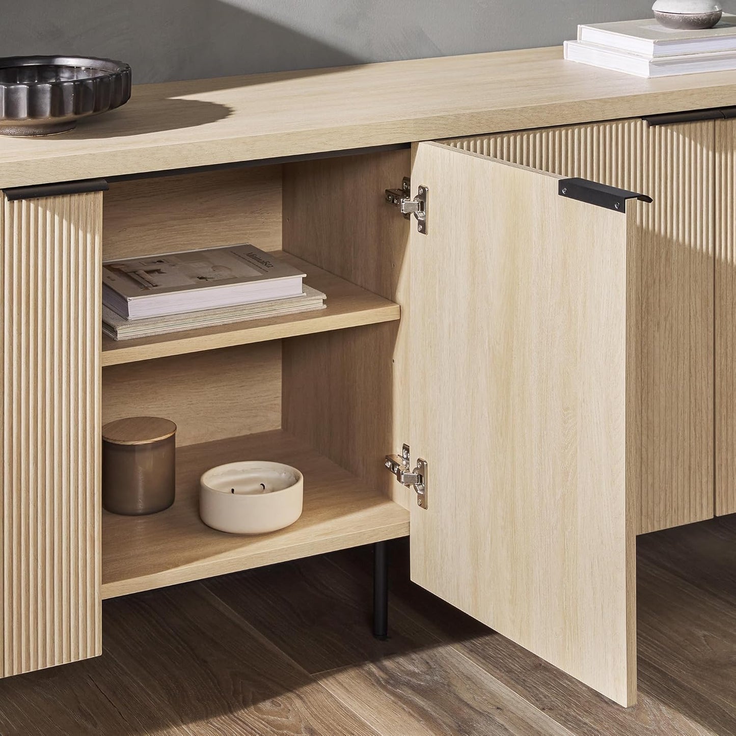 Reema Fluted 4-Door Kitchen Sideboard Buffet Console, 69 Inch, Coastal Oak