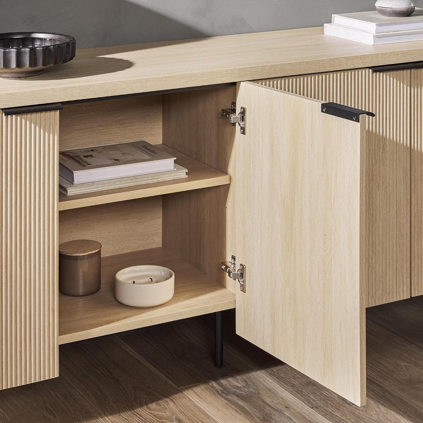 Reema Fluted 4-Door Kitchen Sideboard Buffet Console, 69 Inch, Coastal Oak