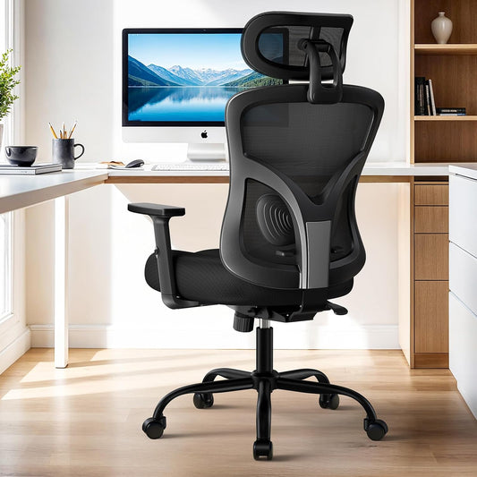 Ergonomic Office Chair, High Back Mesh Chair for Big and Tall People with Lumbar Support, Adjustable Headrest and Armrest, Thick Cushion & Tilt Function Recliner for Home Office Black