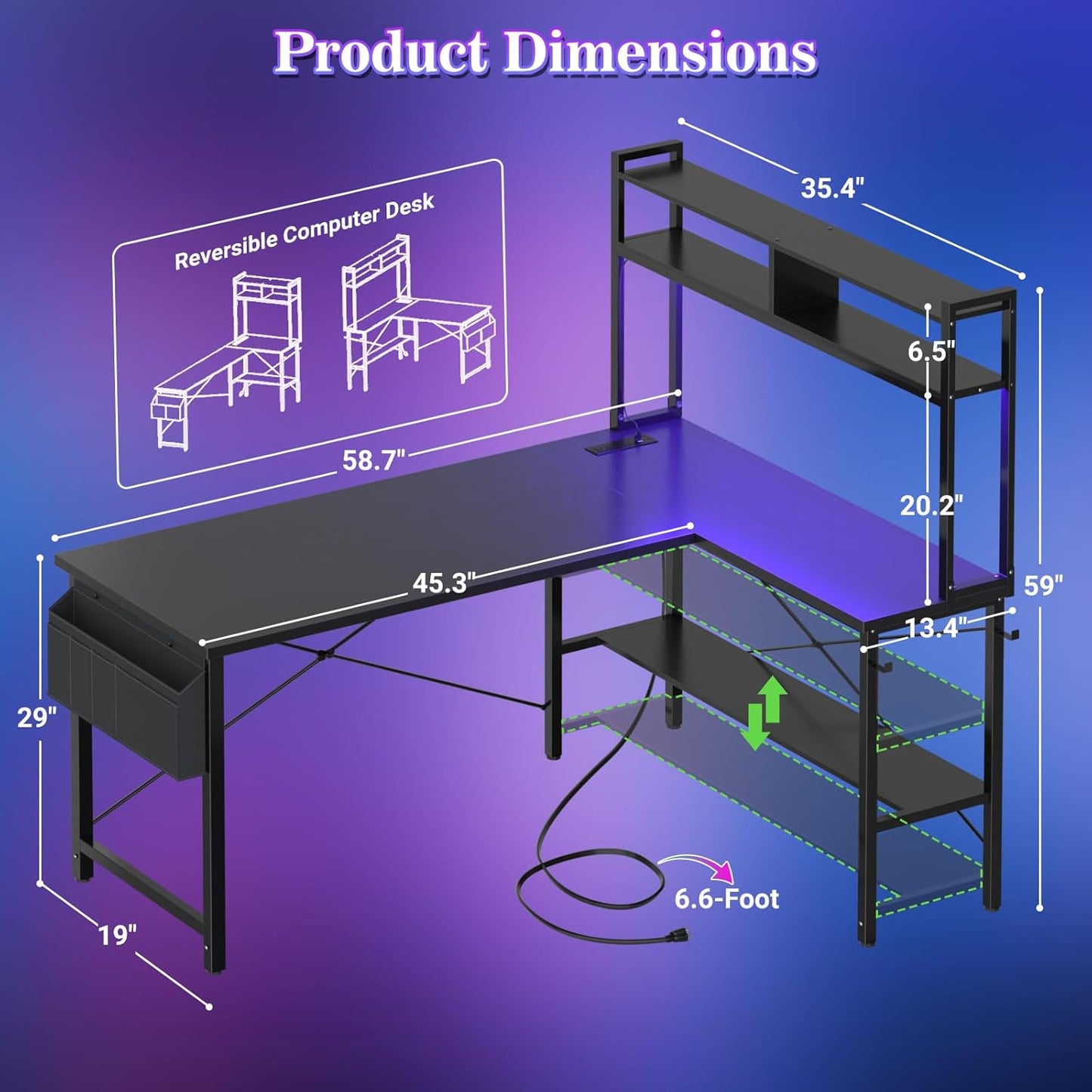 L Shaped Desk Gaming Desk, 59" L Shaped Computer Desk with LED Light & Power Outlet, Reversible Home Office Desk Gamer Desks with Shelves & Storage Bag & Hooks, Corner PC Desk, Black
