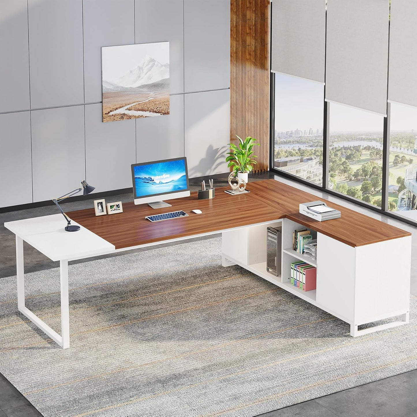 70.8" L-Shaped Executive Desk with 55" File Cabinet, Large Home Office Computer Desk with Storage Shelves and Cabinet, Modern Business Furniture Set Home Office, Walnut White