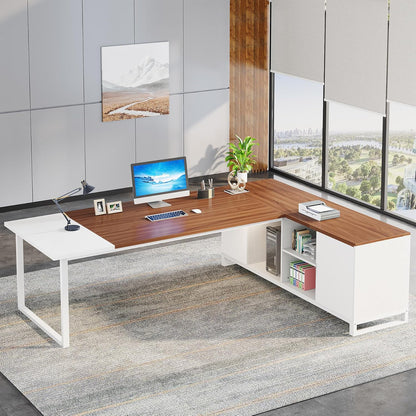 70.8" L-Shaped Executive Desk with 55" File Cabinet, Large Home Office Computer Desk with Storage Shelves and Cabinet, Modern Business Furniture Set Home Office, Walnut White