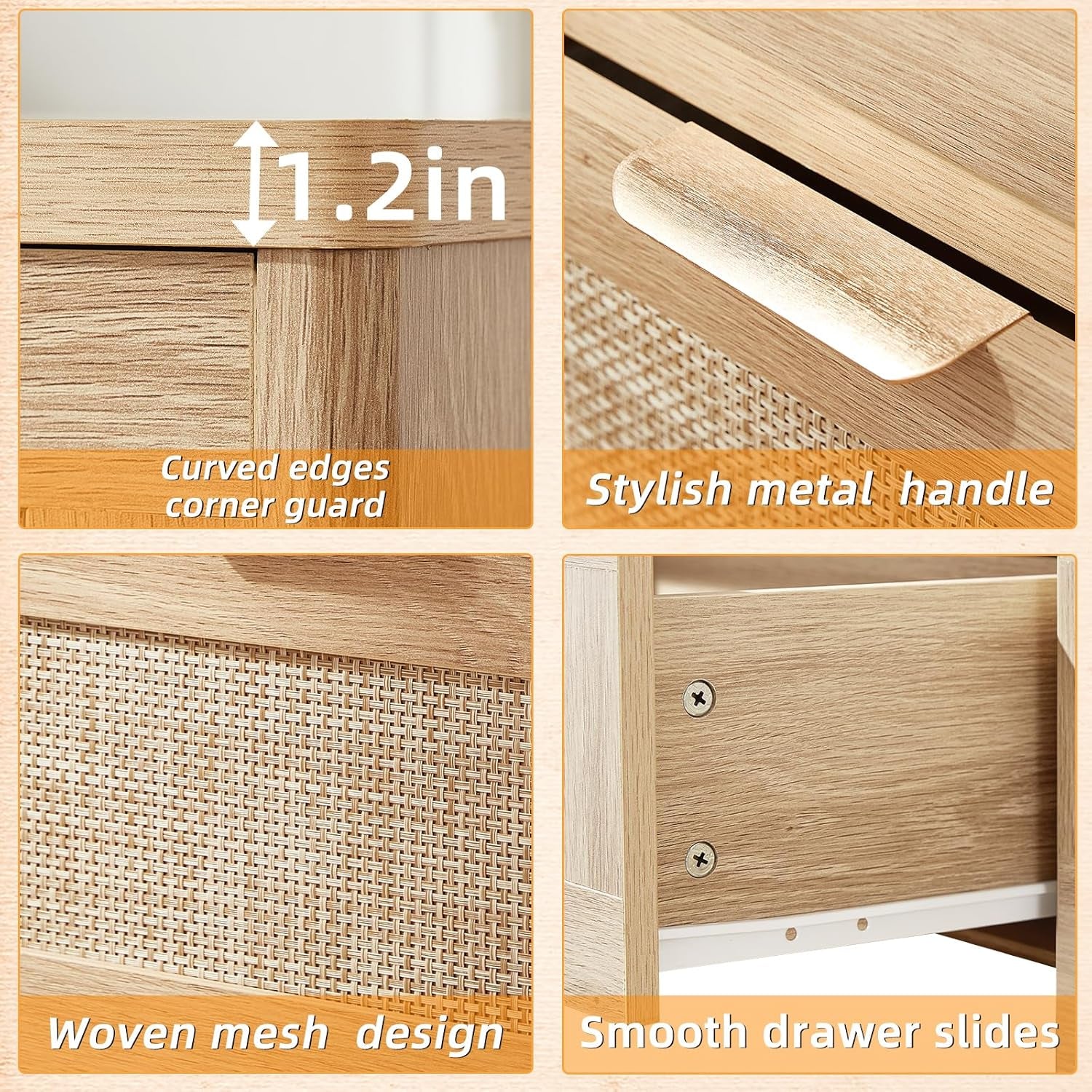 Narrow Side Table Set 2 with Charging Station,Rattan Night Stand with Drawer Storage,Natural Wood Bedside End Table with Metel Handle for Small Spaces,Boho Nightstand for Living Room Bedroom