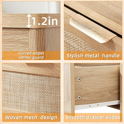 Narrow Side Table Set 2 with Charging Station, 24X14''Rattan Night Stand with Drawer Storage,Bedside End Table with Metel Handle for Small Spaces, Wood Boho Nightstand for Living Room Bedroom
