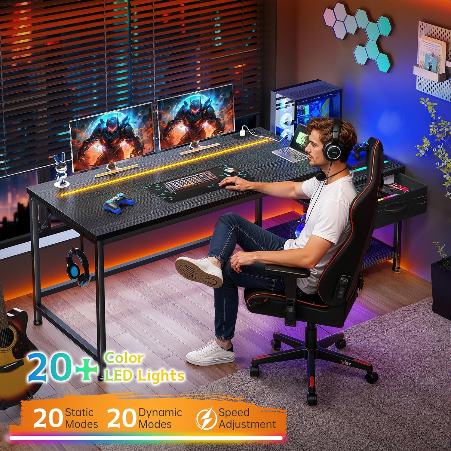 56 Inch Gaming Desk with Drawers and Shelf,Reversible Computer Desk with LED Lights and Power Outlets,Study Table with Hooks for Headphone,Bags,Black Desk Work Desk for Bedroom,Dorm