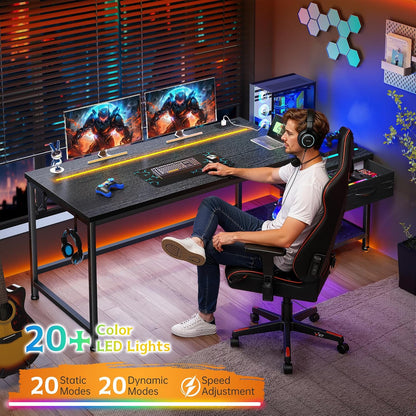 56 Inch Gaming Desk with Drawers and Shelf,Reversible Computer Desk with LED Lights and Power Outlets,Study Table with Hooks for Headphone,Bags,Black Desk Work Desk for Bedroom,Dorm
