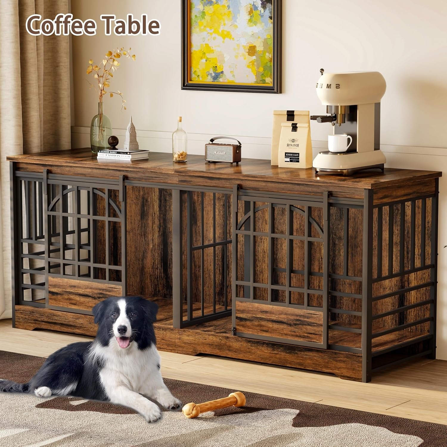 78 Inch Double Dog Crate Furniture, Extra Large Dog Kennel Indoor with Divider, Heavy Duty Dog Cage for 2 Dogs, Decorative Wooden Dog House Decorative Table TV Stand, Pet House for Xlarge Dogs,Brown