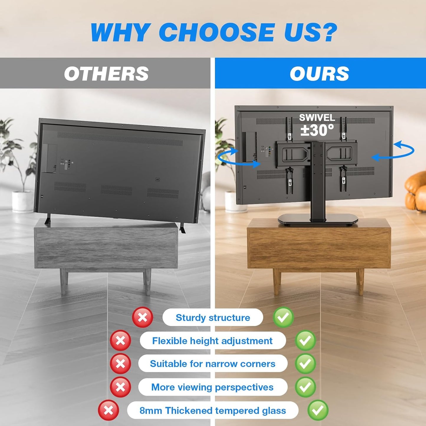 Universal Swivel TV Stand for 27-50 55 60 Inch Tvs, Height Adjustable Table Top TV Stand Mount Hold up to 88 Lbs, Pedestal TV Stands with Tempered Glass Base, Replacement TV Mount Stand
