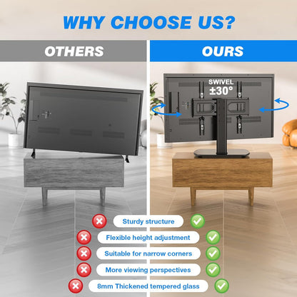 Universal Swivel TV Stand for 27-50 55 60 Inch Tvs, Height Adjustable Table Top TV Stand Mount Hold up to 88 Lbs, Pedestal TV Stands with Tempered Glass Base, Replacement TV Mount Stand