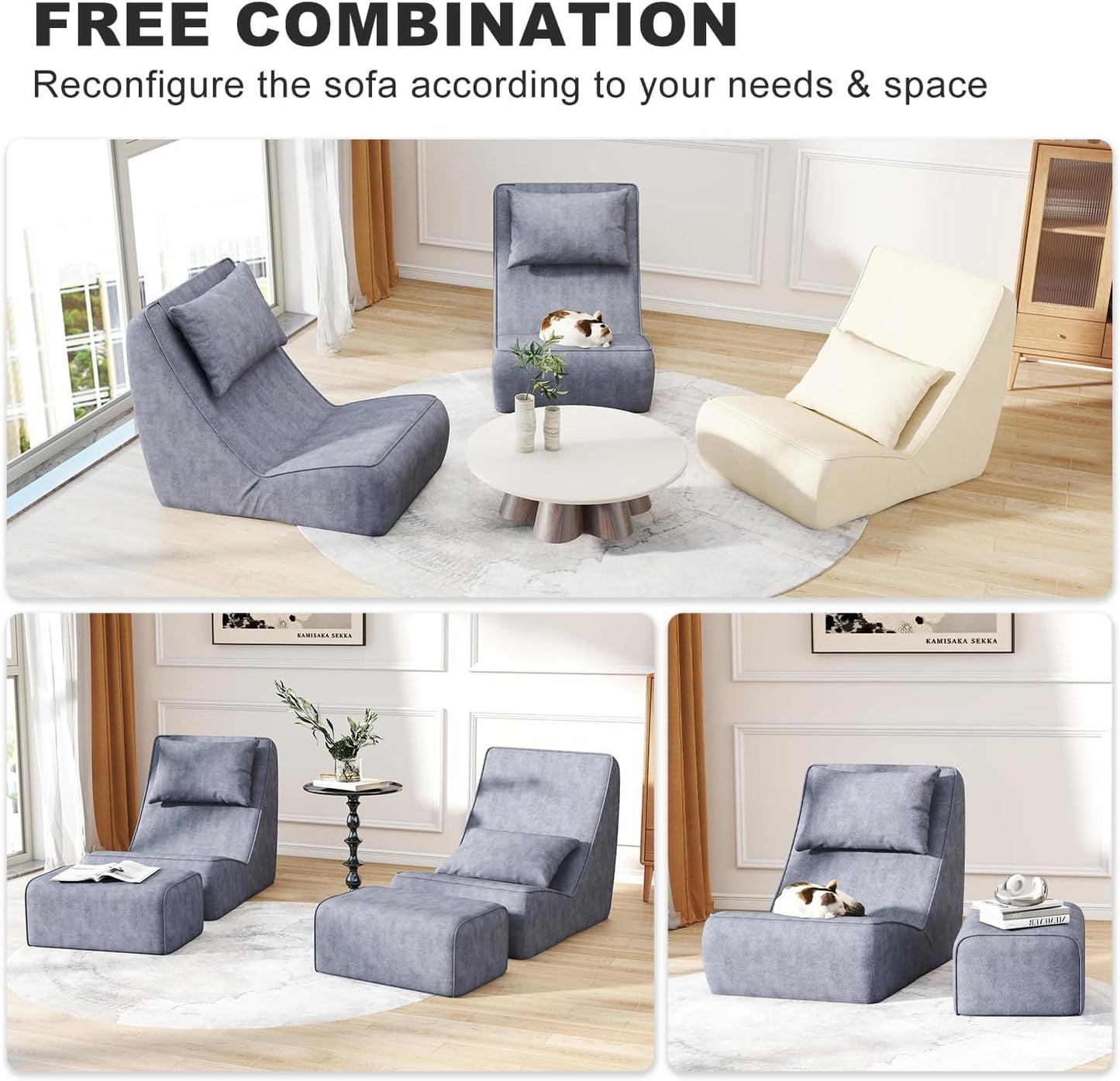 Giant Bean Bag Chair for Adults - Indoor Chaise Lounge with Neck Pillow & Ottoman, All-In-One Sponge Design, Comfy Floor Chair for Reading, Gaming, Napping, and Movies (Slategray)