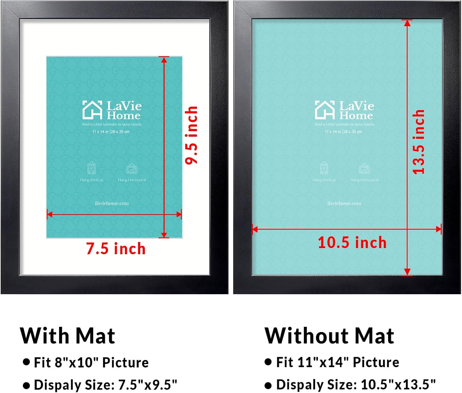 11X14 Picture Frame, 11 X 14 Frame Display Pictures 8X10 with Mat or 11X14 without Mat, Stable and Sturdy Black Frame and Polished Plexiglass, Horizontal and Vertical Format of the Walls
