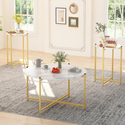 Coffee Table Set of 3,Modern Faux Marble Top with Golden Frame,1 Coffee Table & 2 Accent Table, Living Room Table Set, for Apartment,Office and so On,White & Gold (LCTR-W)
