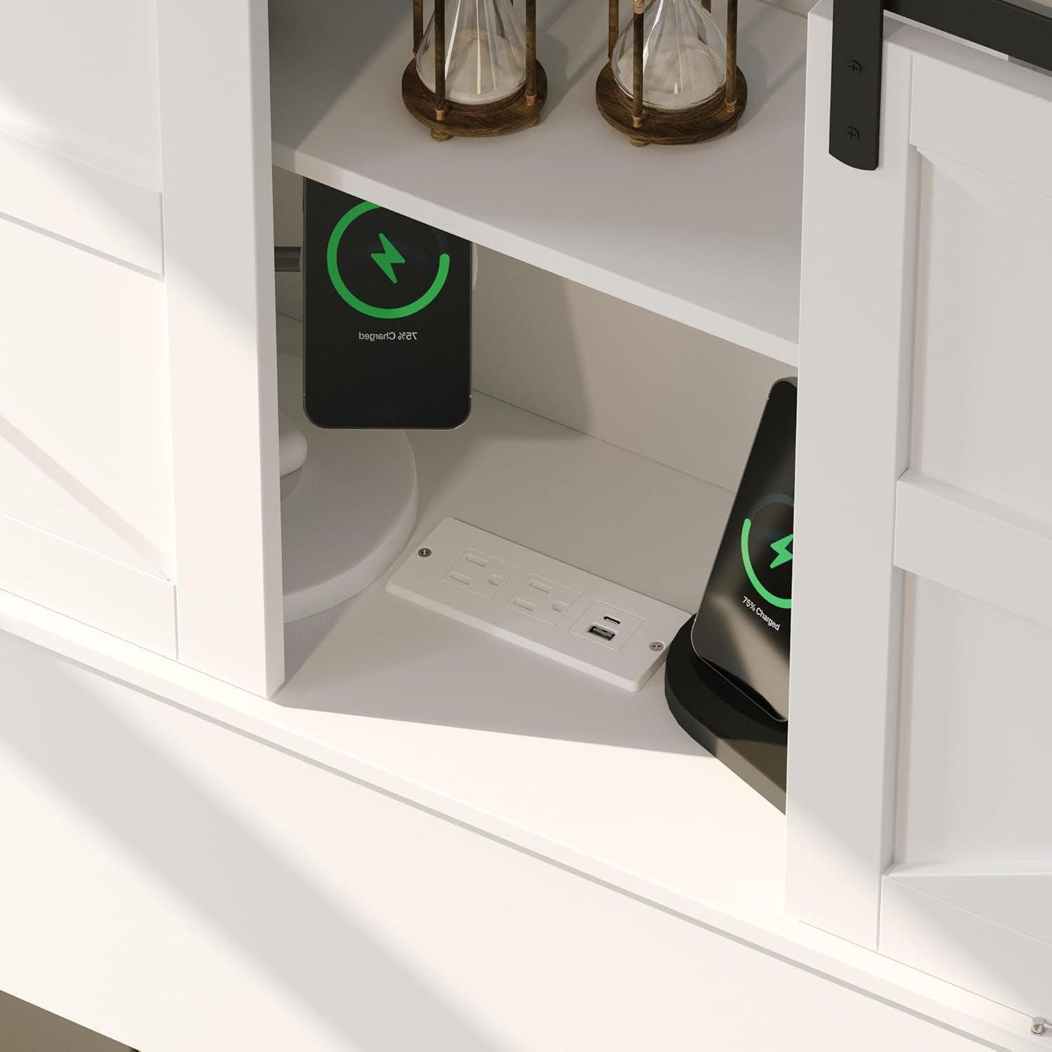 Queen Farmhouse Bed Frame with Charging Station, LED Lights, Storage Headboard & Footboard, Platform Bed Frame with 4 Rolling Drawers & Sliding Barn Door, No Box Spring Needed, White