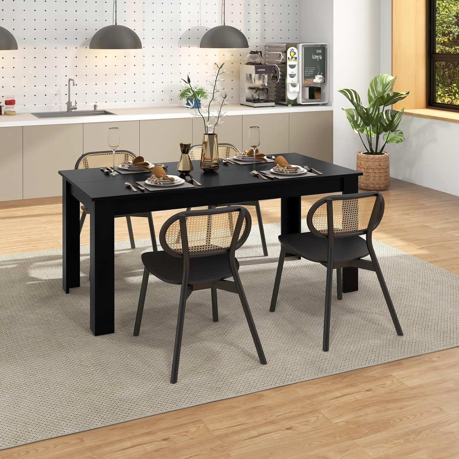 Dining Table for 6, Rectangular Kitchen Table with 330Lbs Capacity, Stable Structure, 63" L X 31.5" W X 30" H Large Farmhouse Center Tables for Dinner, Dinette, Dining Room, Black
