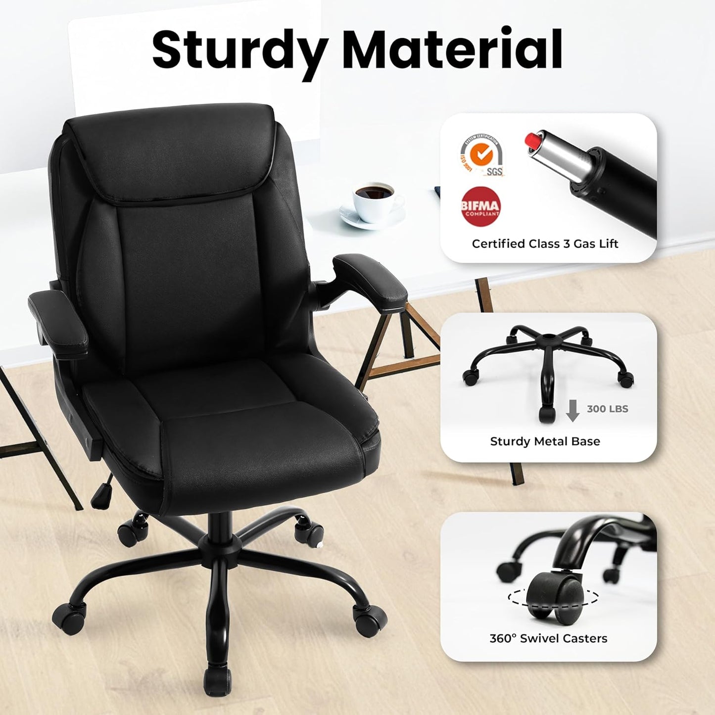 Office Desk Computer Chair Ergonomic Executive Mid-Back Leather Gaming Chair with Adjustable Flip-Up Armrests Wheels Swivel for Home Study Task (Jet Black)