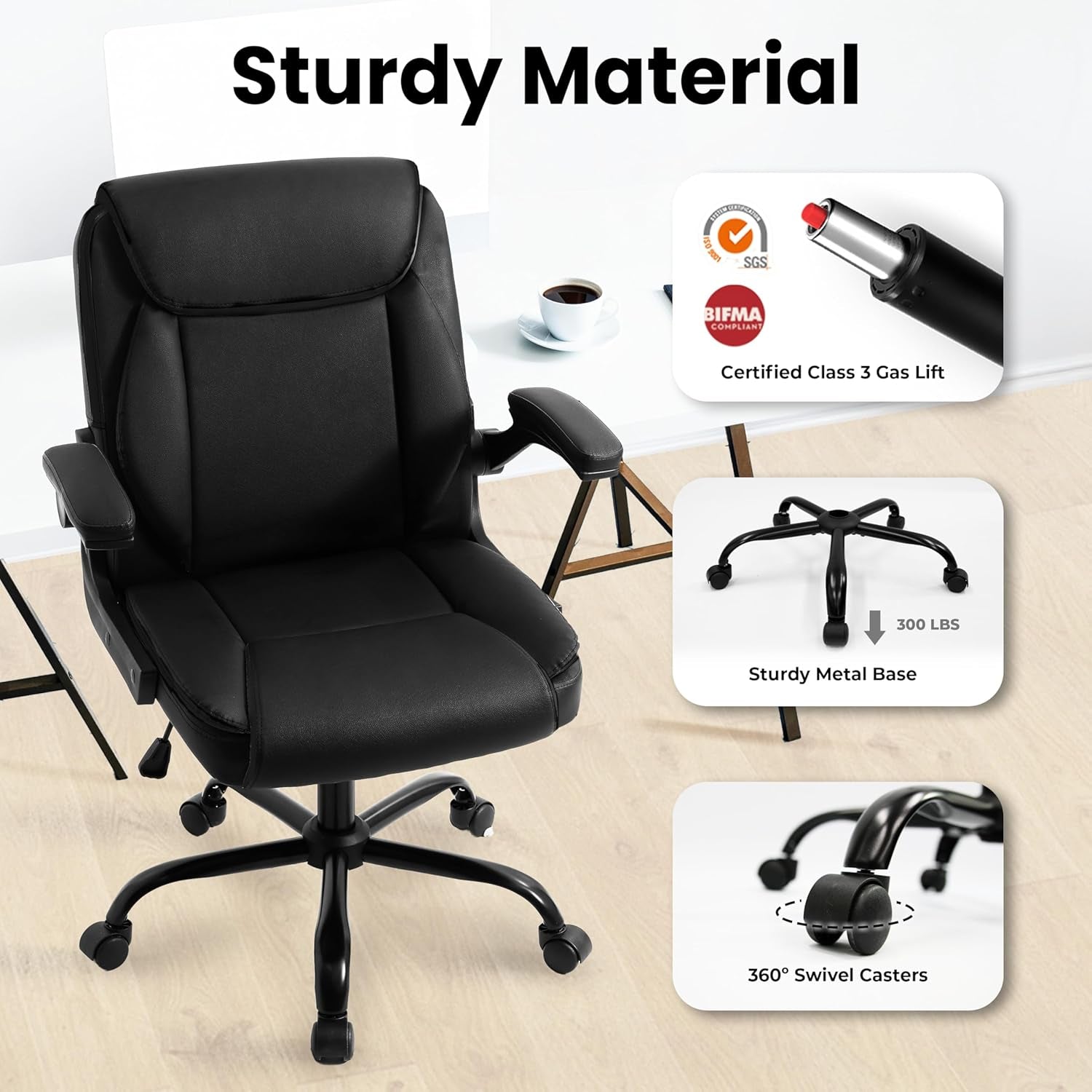 Office Desk Computer Chair Ergonomic Executive Mid-Back Leather Gaming Chair with Adjustable Flip-Up Armrests Wheels Swivel for Home Study Task (Jet Black)