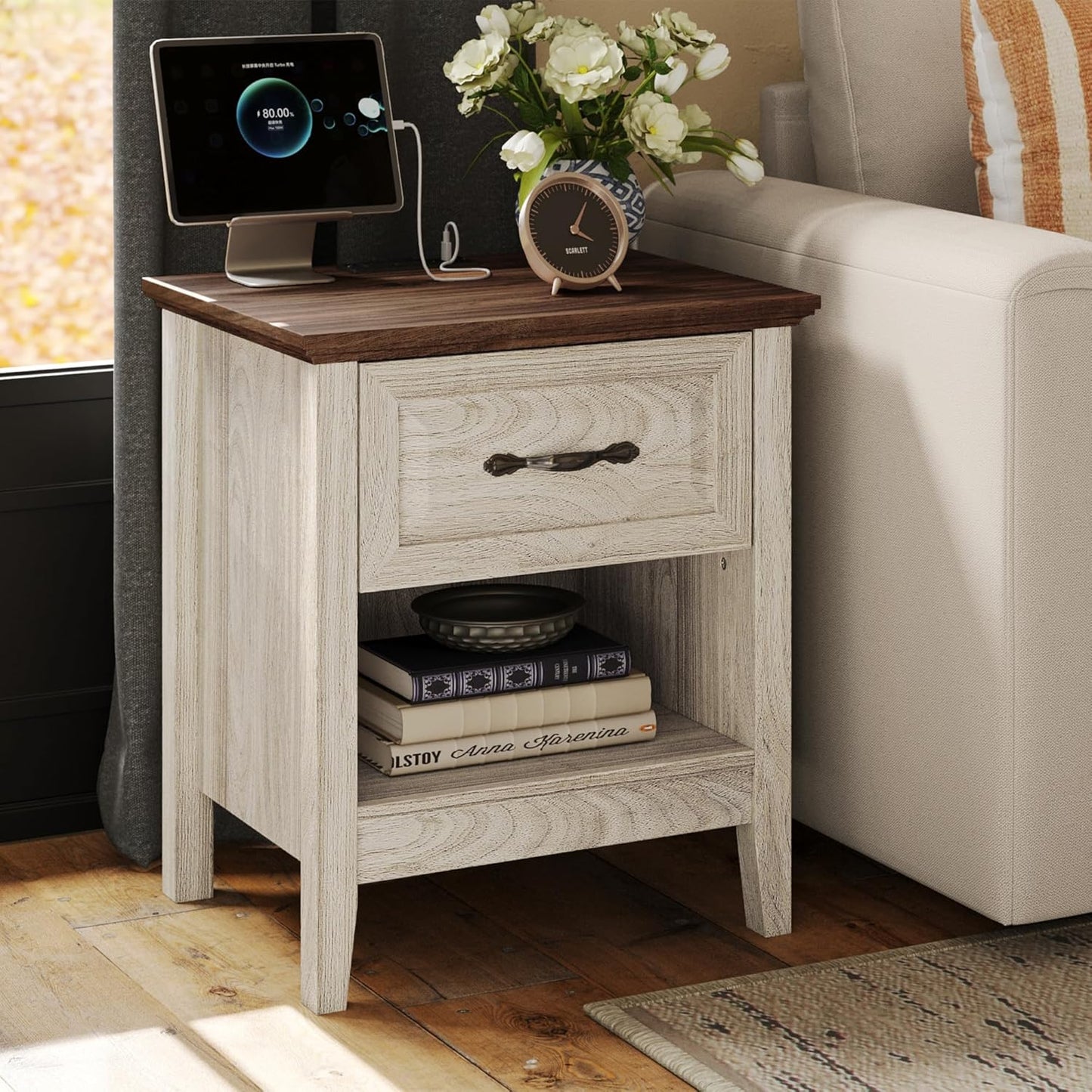 Night Stand 18.9" Farmhouse Wood Night Stand with Type-C Charging Station Open Storage Shelf Nightstands with Drawer Side Table End Table for Bedroom Living Room Sofa Couch Office Beige