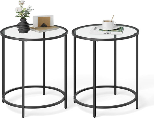 round Side Tables, Set of 2, Glass End Tables with Metal Frame, Black Coffee Tables with Modern Style, for Living Room, Balcony, Bedroom, Black