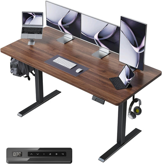 55 X 24 Large One-Piece Standing Desk, Adjustable Height Electric Computer Home Office Sit Stand up Workstation, with 4 Memory Presets, Headphone Hook, Black Walnut