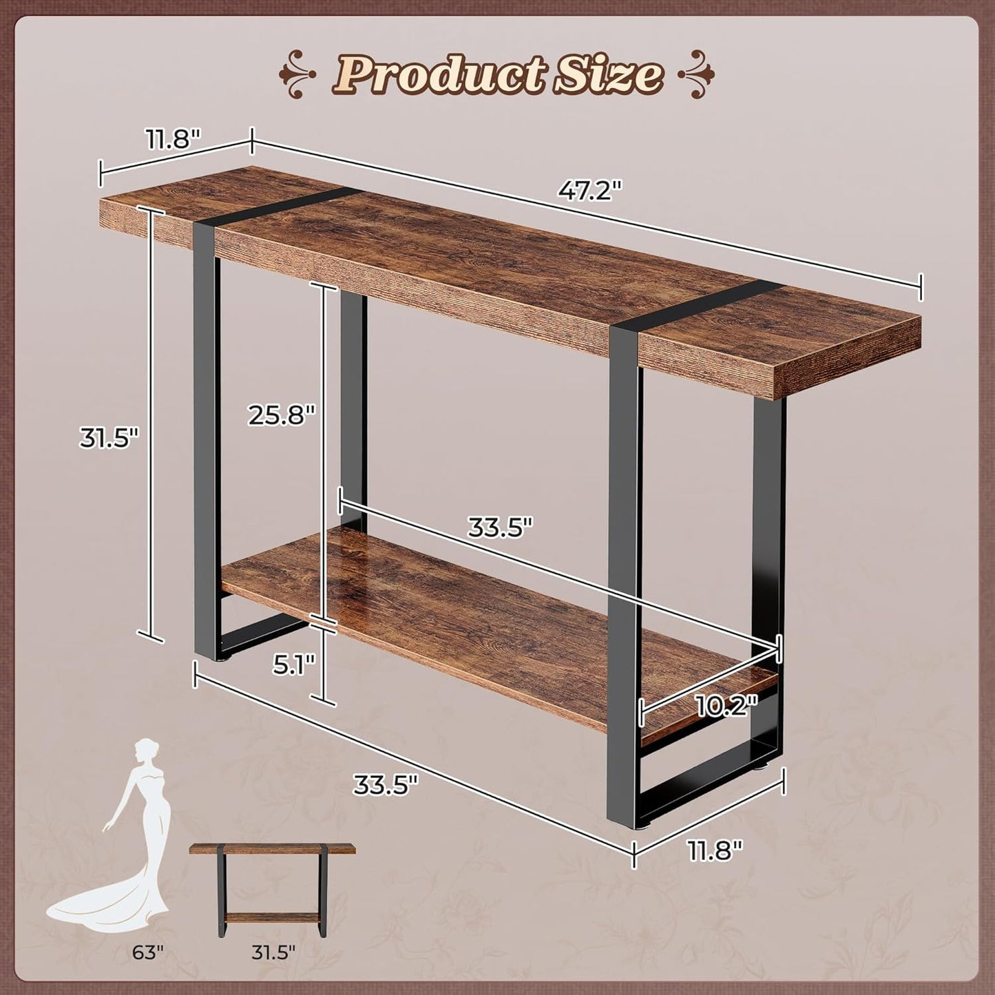 47.2 Inch Entryway Table, 2-Tier Industrial Console Sofa Table, Accent Table with Storage, for Entry, Hallway, Entrance, Foyer, T-Shaped Metal Frame, Rustic Brown